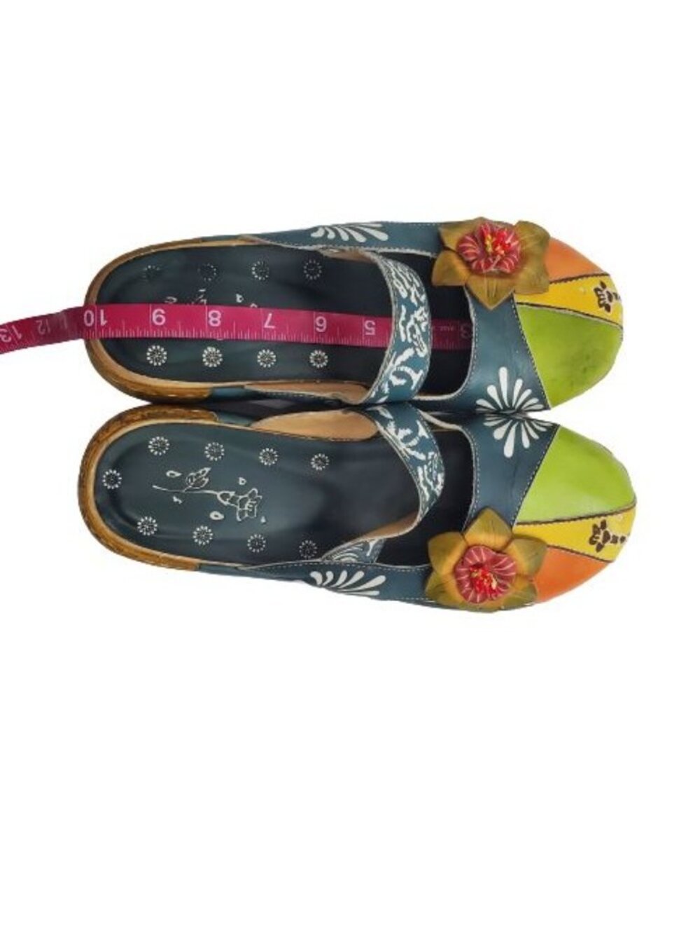 Women's Blue/Multi Flower Slip-On Leather Cut-Out Backless Platform Sandal Sz 41 - Picture 14 of 16